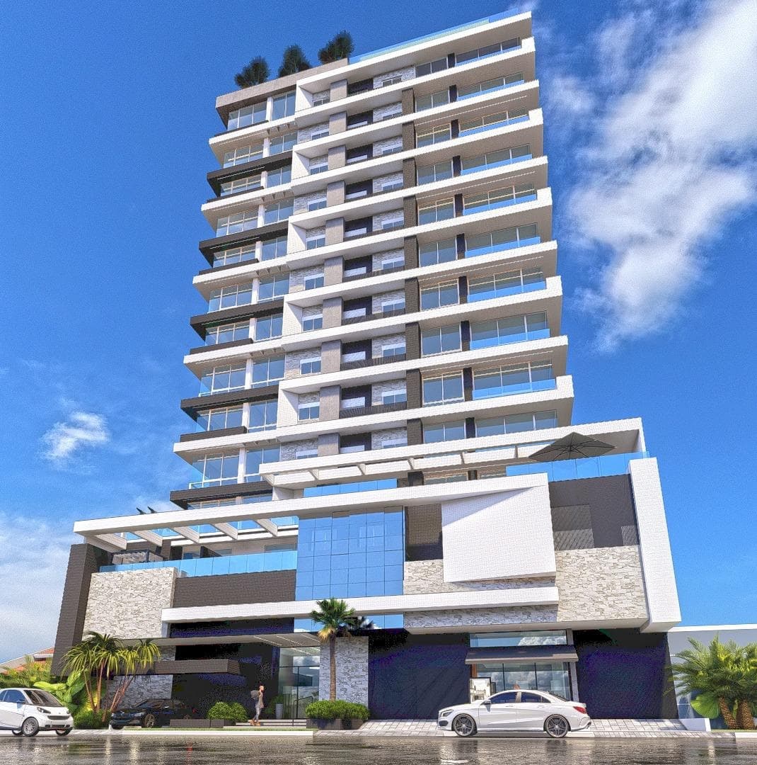 Perspectiva de edifício residencial de alto padrão no litoral, com sacadas envidraçadas